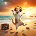 A cat is wearing headphones and dancing on the beach.