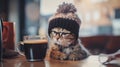 A cat wearing a knitted hat and glasses next to a cup of coffee. Generative AI image. Royalty Free Stock Photo