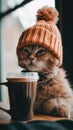 A cat wearing a knitted hat sitting next to a cup of coffee. Generative AI image. Royalty Free Stock Photo