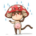 A cat wearing a mushroom hat and raindrops vector illustration