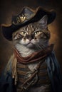 Cat wearing pirate clothes, portrait of funny serious pet in vintage outfit, generative AI