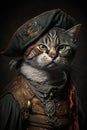 Cat wearing pirate clothes, portrait of funny serious pet in vintage outfit, generative AI