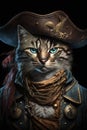 Cat wearing pirate clothes, portrait of funny serious pet in vintage outfit, generative AI