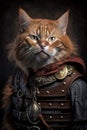 Cat wearing pirate clothes, portrait of funny serious pet in vintage outfit, generative AI