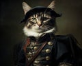 Cat wearing pirate clothes of a serious pet in a vintage outfit.