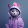 Cat wearing purple bunny ears, closeup.