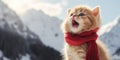 A cat wearing a red scarf and yawning. Generative AI image.
