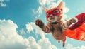 A cat wearing a red superhero costume is flying through the air by AI generated image Royalty Free Stock Photo