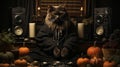 A cat wearing a robe and sitting in front of pumpkins