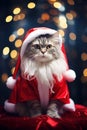 Cat wearing Santa Claus costume on Christmas glittering lights