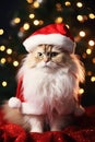 Cat wearing Santa Claus costume on Christmas glittering lights