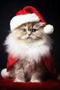 Cat wearing Santa Claus costume on Christmas glittering lights