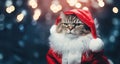 Cat wearing Santa Claus costume on Christmas glittering lights