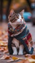 A cat wearing a scarf sitting on the ground Royalty Free Stock Photo
