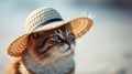 A cat wearing a summer straw hat, blurry beach background Royalty Free Stock Photo