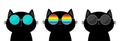 Cat wearing sunglasses eyeglasses set. Rainbow, blue, black lenses. Cute cartoon funny character. Kitten kitty in eyeglasses. Royalty Free Stock Photo