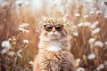 A cat wearing sunglasses and flowers wreath on a head, sitting in a summer field Royalty Free Stock Photo