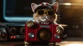 A cat wearing sunglasses and holding a boombox, AI