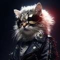 A cat wearing sunglasses and a leather jacket, AI Royalty Free Stock Photo