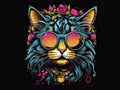 Cat wearing sunglasses and necklace with flower on collar, on black background graffiti art. Generated AI Royalty Free Stock Photo