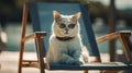 Cat wearing sunglasses relaxing sitting on deckchair in the sea background. generative AI