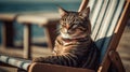 Cat wearing sunglasses relaxing sitting on deckchair in the sea background. generative AI