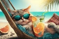 Cat wearing sunglasses on sea beach, funny pet with cocktail on vacation, generative AI Royalty Free Stock Photo
