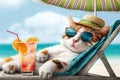 Cat wearing sunglasses on sea beach, funny pet with cocktail on vacation, generative AI