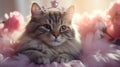 A cat wearing a tiara laying on top of pink flowers, AI