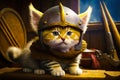 Cat wearing viking helmet sitting on top of table. Generative AI Royalty Free Stock Photo