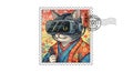 cat in vr headset on postage stamp design Royalty Free Stock Photo