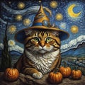 The Cat wearing witch hat with the Starry Night halloween