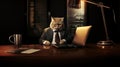 cat wears a sophisticated business suit while seated at a desk, complete with a briefcase and tablet.