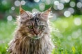 cat with wet fur glaring from wet grass