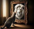 cat what sees herself in the mirror as a grown up lion with a mane, believe that anything is possible