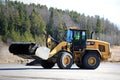 Cat Wheel Loader Bucket Sweeper Cleans Yard at Spring