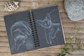 Cat by white chalk on black paper. Black paper notepad on wooden background.