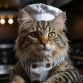 Cat in a white chef\'s hat. Animal chef. Nice picture on the topic of cooking