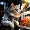 Cat in a white chef\'s hat. Animal chef. Nice picture on the topic of cooking