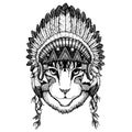 Cat Wild animal wearing inidan headdress with feathers. Boho chic style illustration for tattoo, emblem, badge, logo