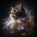 Cat with wild flowers against a dark starry sky. Surreal drawing picture. Generated AI