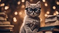 cat in the window A comical kitten with oversized glasses, sitting atop a pile of classic novels, pretending to read