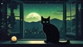cat on window A mysterious black cat with eyes that glow like emeralds, sitting gracefully on a moonlit windowsill Royalty Free Stock Photo