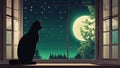 cat on window A mysterious black cat with eyes that glow like emeralds, sitting gracefully on a moonlit windowsill Royalty Free Stock Photo