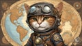 cat in the window steampunk cat astronaut in space with a background of the globe. The cat is wearing a leather suite Royalty Free Stock Photo