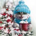 A cat in winter clothes drinking cocoa near a branch of mountain ash