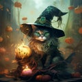 Cat witch, Cat Magician, Halloween cat, Cat wearing magician costume and holding a fire flame in a horror background, halloween