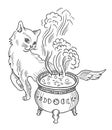 Cat witch and cauldron with witchcraft. Halloween. Hand drawn sketch vector. Mystic and occult illustration.