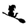 A cat in a witch hat flies on a broomstick. Black silhouette. Design element. Vector illustration isolated on white background. Royalty Free Stock Photo