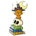 Cat in witch hat sitting on a stack of books and holding a skull